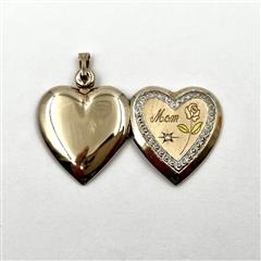 14k Two-Tone Gold Engraved Mom Rose Diamond Heart Locket Pendant